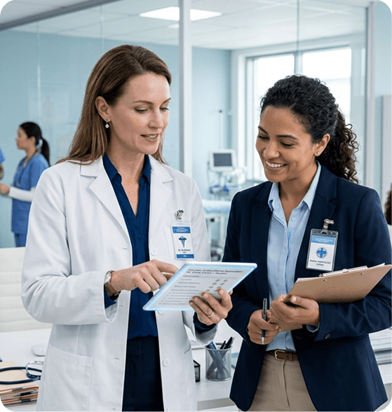 Physician and healthcare administrator collaborating over a digital tablet in a modern medical facility