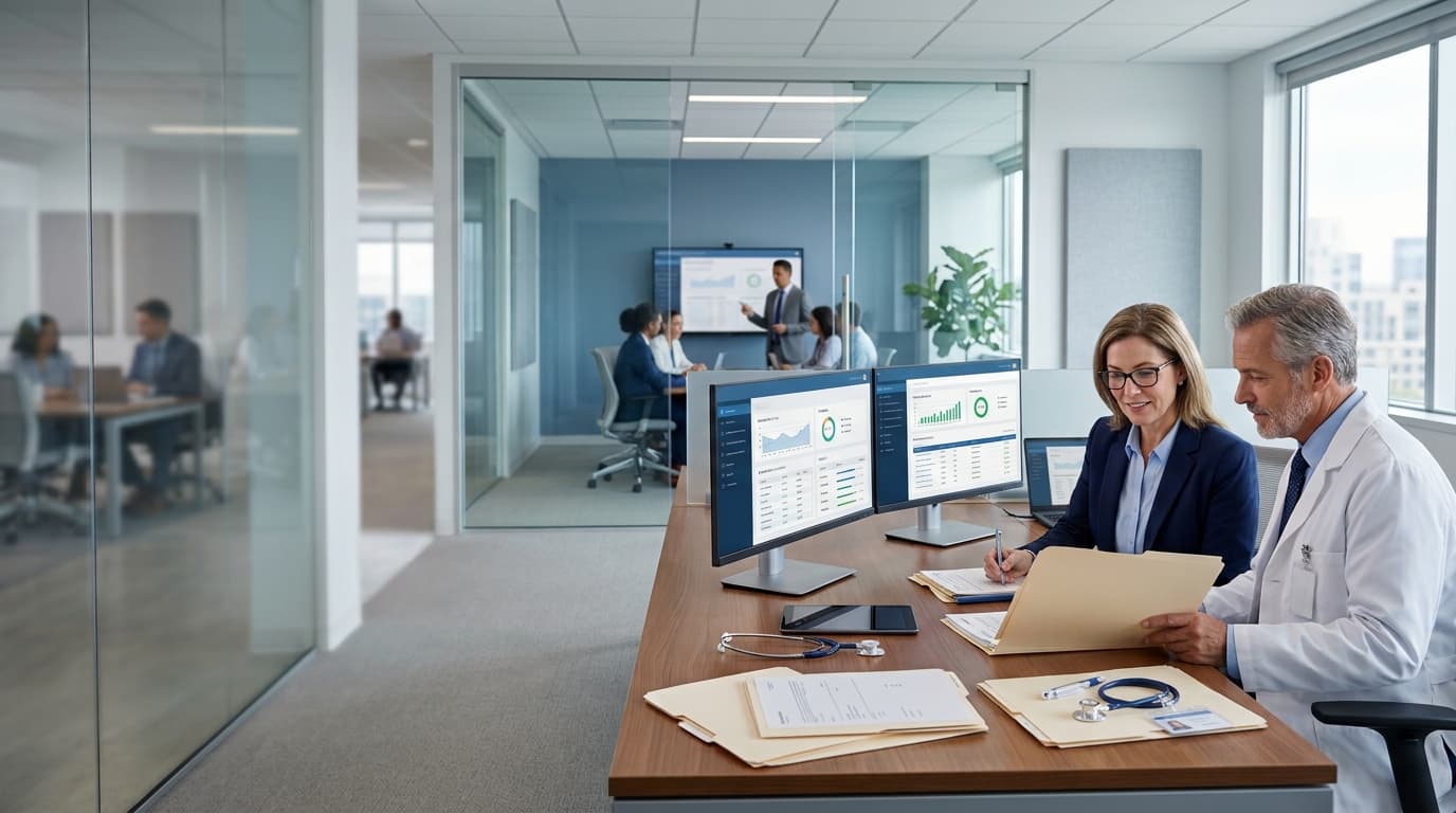 Healthcare administrator and physician reviewing credentialing documents together at a desk with analytics dashboards