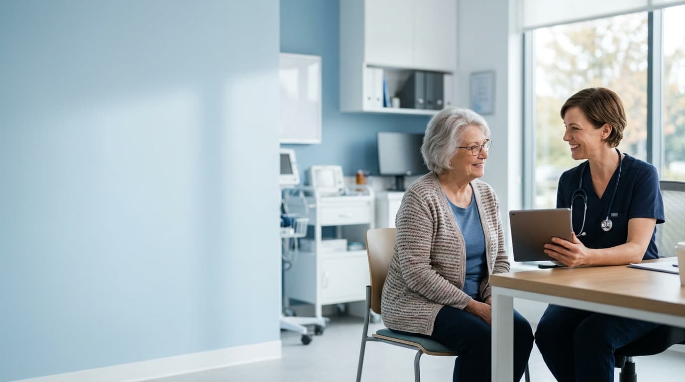 Healthcare professional consulting with an elderly patient using a tablet in a clinic setting