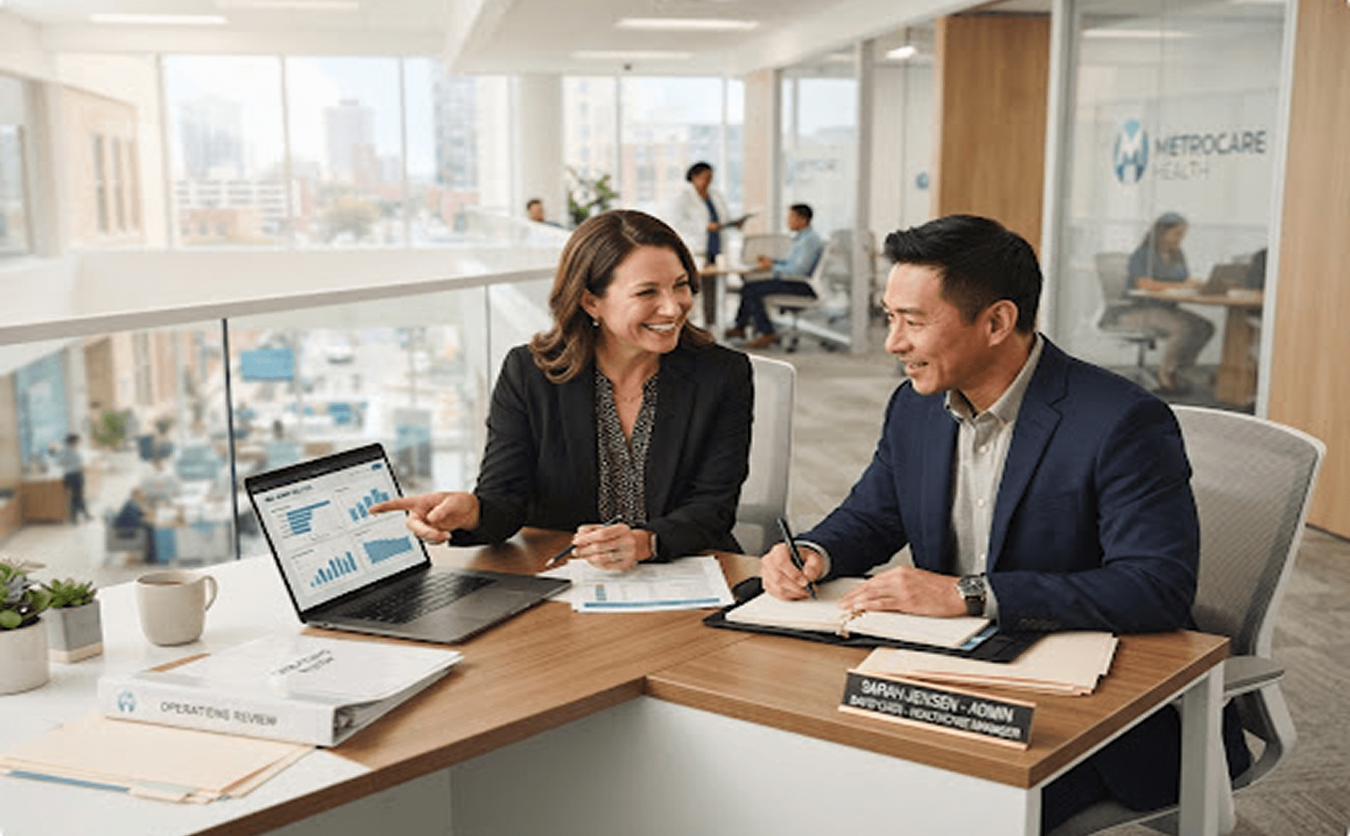 Two professionals collaborating over a laptop and documents in a modern office