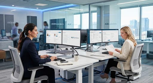 Professionals collaborating at desks with multiple monitors in a modern glass-walled office