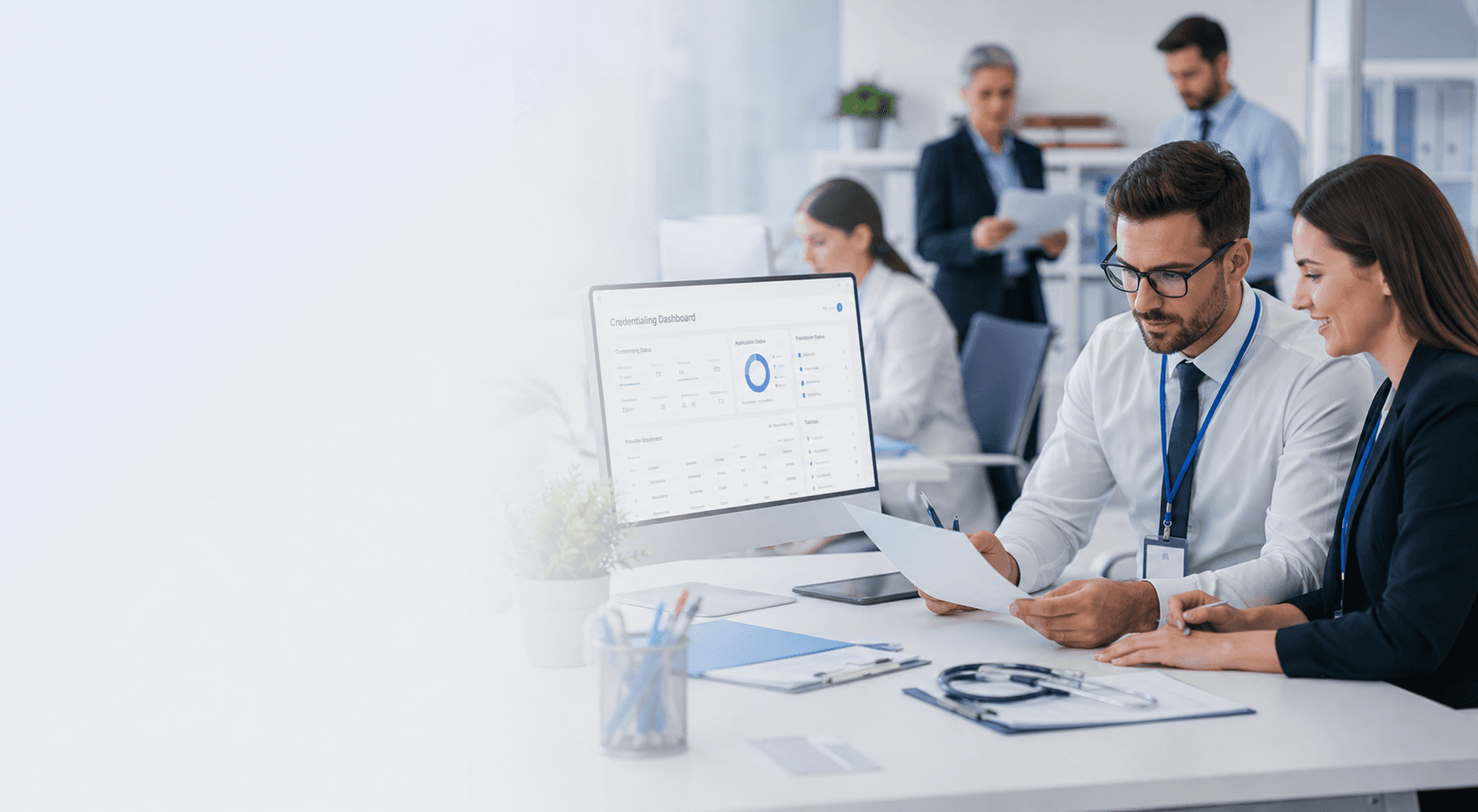 Medical administrative professionals working on credentialing services in a modern office