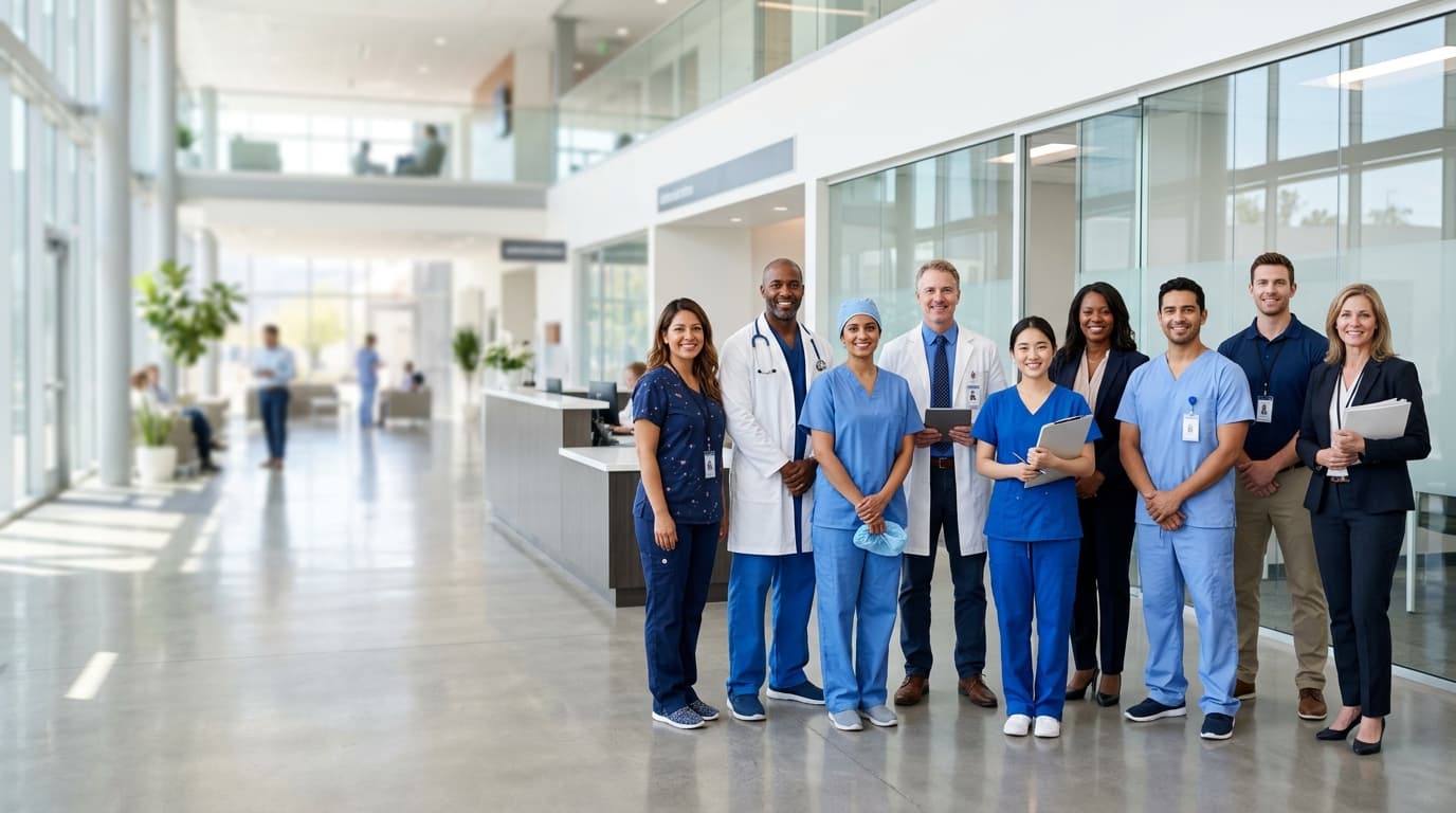 Diverse group of healthcare professionals smiling in a modern hospital corridor